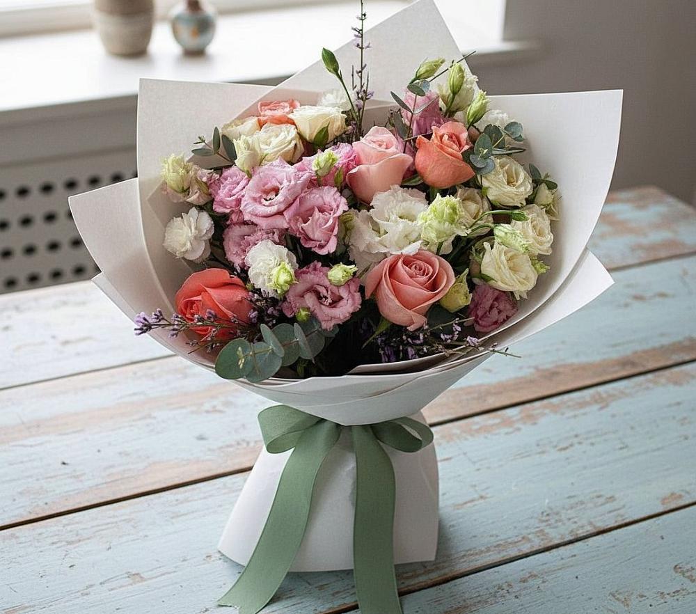 Букет цветов из: Розы, Лизиантусы и Гвоздики в Якутске