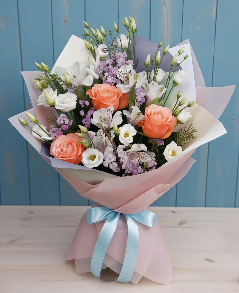 Букет Утренняя свежесть в Якутске Букет цветов из: Лизиантусы, Розы, Альстромерии и Гипсофила в Якутске